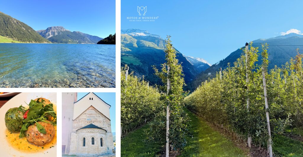 Lake Resia and apple orchards in Vinschgau with wide alpine views.