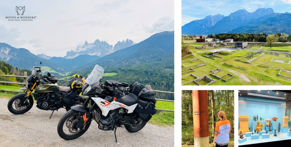 Motorbikes before the Dolomites peaks; Roman excavations at Aguntum.
