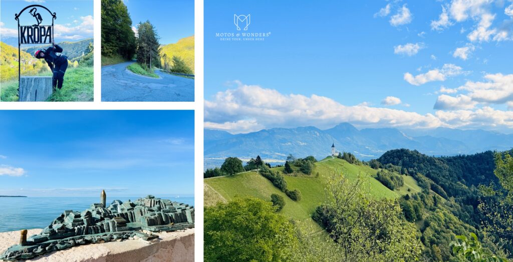 Panoramic roads near Kropa and rolling hills toward the Adriatic.