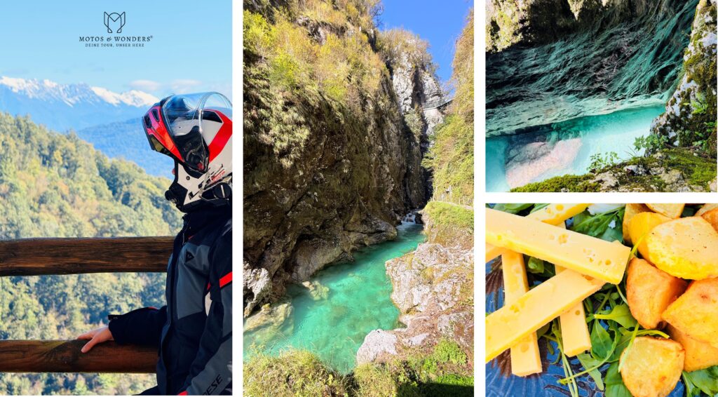 High ridge road with distant views, emerald Soča River and Tolmin Gorge.