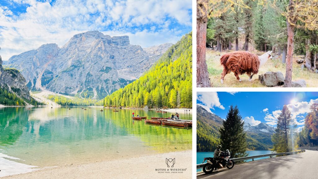 Lago di Braies with boats and steep mountains; winding road in the Puster Valley.