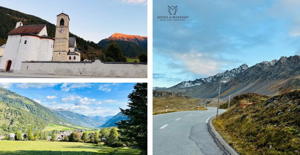 Mountain pass road below grey peaks; Convent of St. John in Müstair.