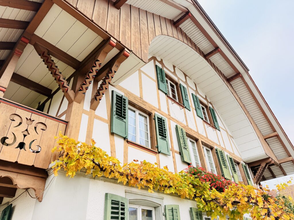 Traditional Emmental farmhouse interior with wooden structure and typical architecture.