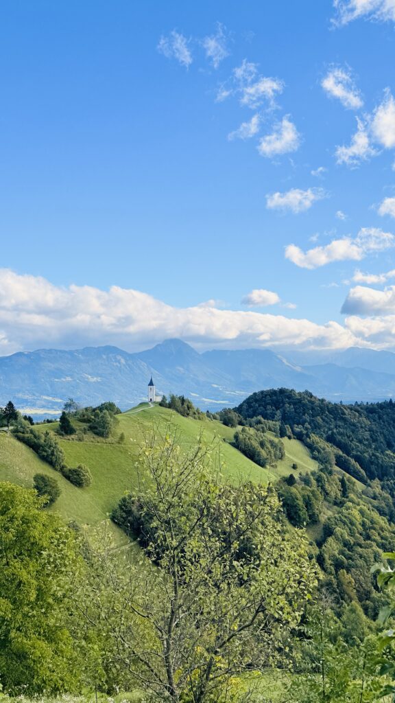 Traditional church on a hilltop in the Slovenian countryside