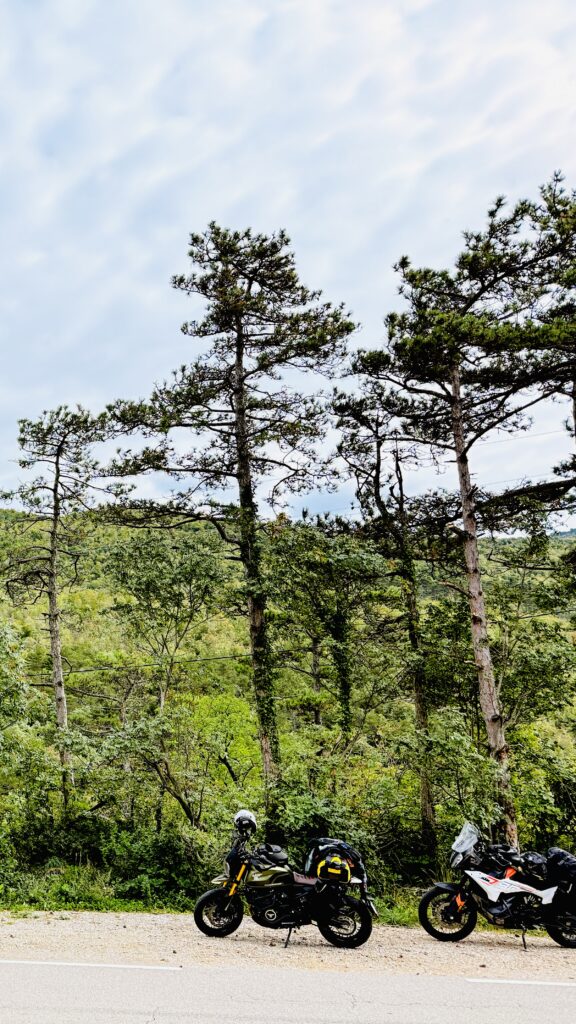 Motorcycle riding through a Slovenian forest road