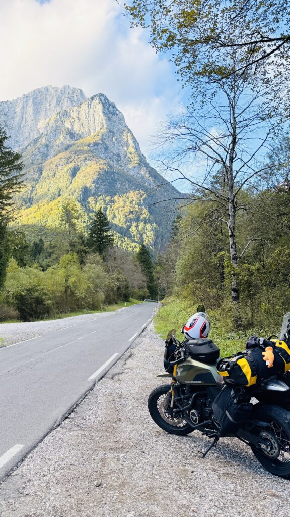 Motorcycle stopped with a view over the Soča Valley