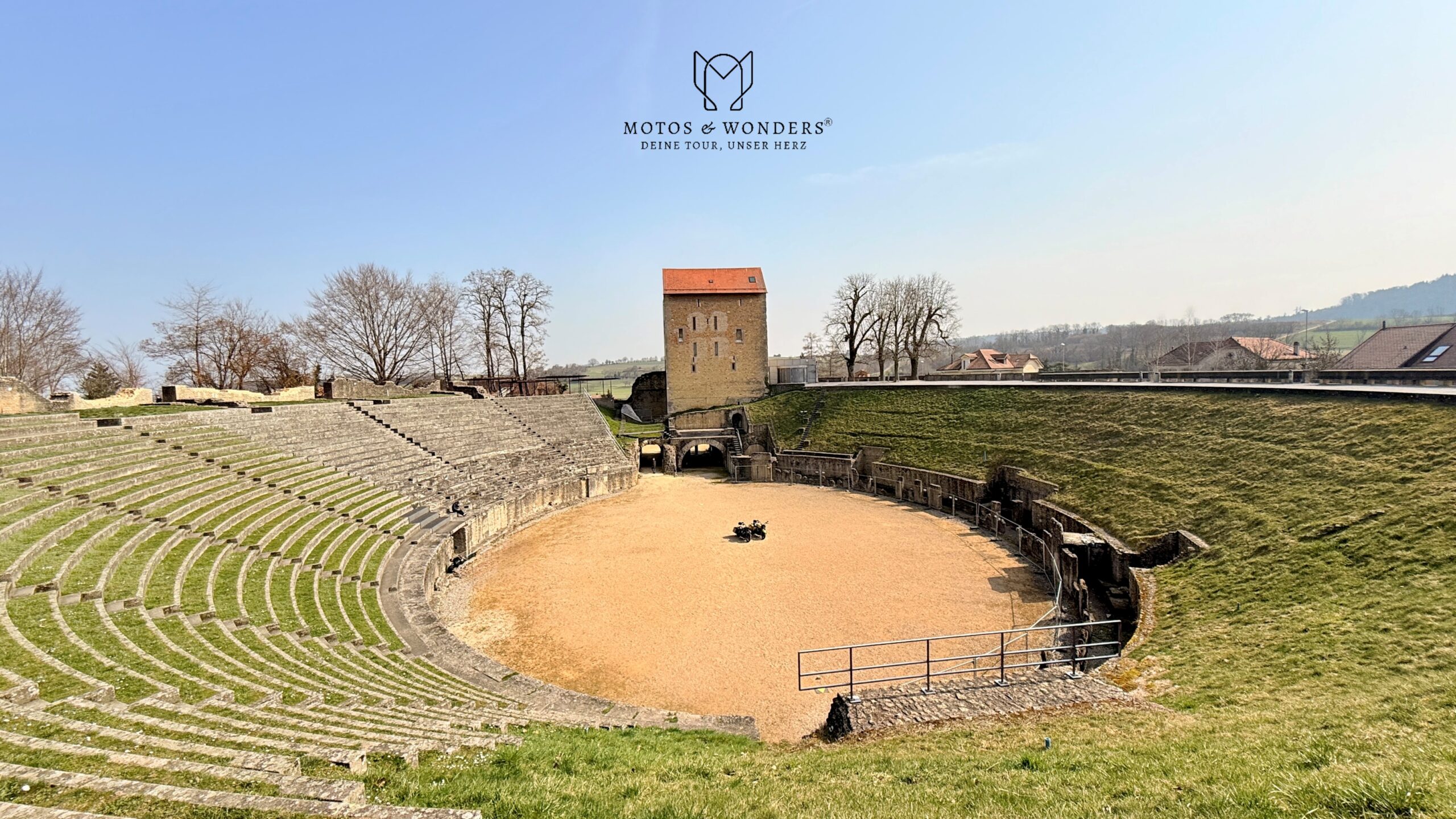 Roman amphitheatre in Avenches on a motorcycle tour with cultural highlights