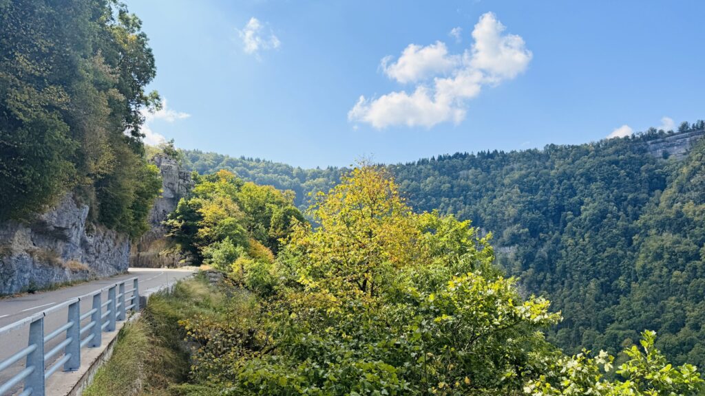 Kurvige Strasse durch die Fels- und Waldlandschaft im schweizerischen und französischen Jura